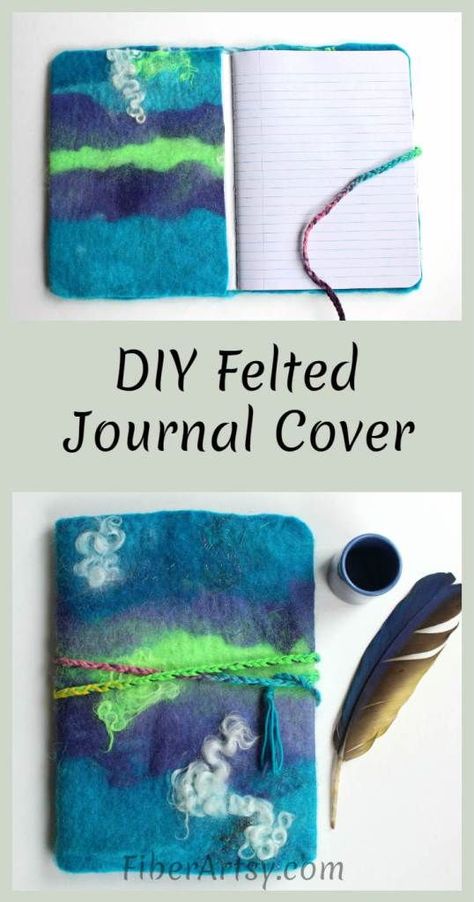 Decorate A Journal, Wet Felting Tutorial, Homemade Journal, Book Cover Diy, Felted Wool Crafts, Wet Felting Projects, Felt Books, Journal Handmade, Mask Tutorial