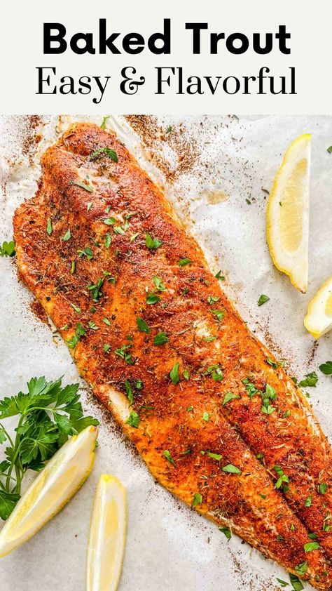 This easy oven-baked trout recipe is so easy to pull together and results in the tastiest fish! Trout Oven Recipe, Bake Trout In Oven, Broiled Trout Recipes, Easy Trout Recipes Baked, Oven Trout Recipes, Trout Recipes Baked With Skin, Oven Roasted Trout, How To Bake Trout In The Oven, Bake Fish In Oven