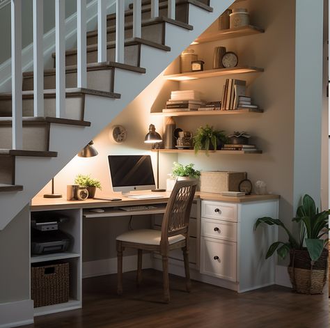 Under Stair Decor Ideas, Built In Bench By Stairs, Stairwell Space Ideas, Using Space Under Stairs Ideas, Under Stair Open Space, Upstairs Ideas Layout, Computer Under Stairs, Desk Nook Under Stairs, Under Stair Desk Ideas