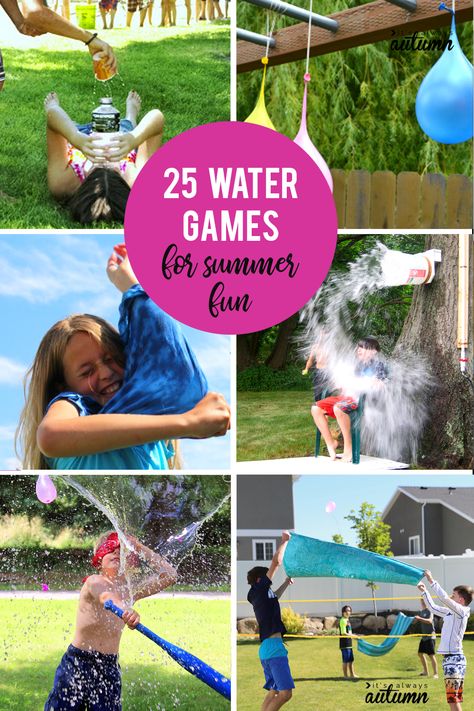 25 water games for tons of fun this summer! Perfect for parties, family reunions, VBS, and more. #itsalwaysautumn #summerfun #watergames #kidactivities Backyard Water Games, Fun Water Games, Outdoor Water Games, Outdoor Water Activities, Pool Party Games, Geek House, Outdoor Party Games, Water Games For Kids, Outdoor Games For Kids