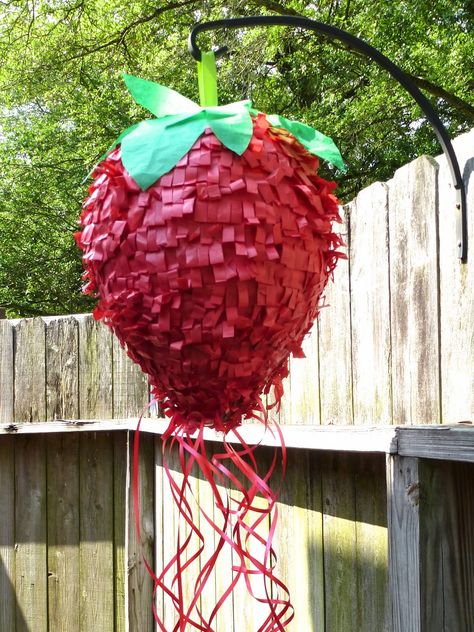 Strawberry Pinata Diy, Strawberry Picnic Party, Strawberry Goodie Bags, Strawberry Birthday Party Games, Pink Strawberry Birthday Party, Strawberry Kids Party, 2nd Birthday Strawberry Theme, Strawberry Festival Ideas, Strawberry Backdrop Party Ideas