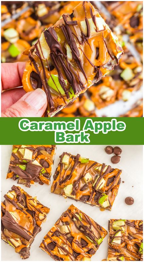 A woman's hand holding a piece of Apple Bark drizzled with chocolate and caramel. Caramel Apple Appetizer, Deserts For Fall Wedding, Caramel Apple Bark Dessert, Caramel Apple Pretzel Bites Recipes, Apple Pretzel Bites, Apple Caramel Bark, Caramel Apple Bites Mini, Caramel Apple Pretzels, Caramel Apple Pretzel Salad