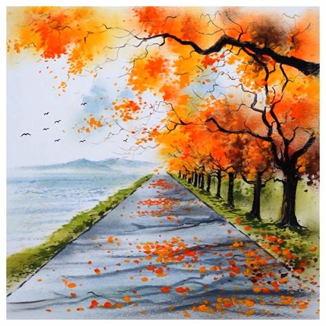 Tree Scenery Drawing, Autumn Trees Drawing, Autumn Tree Drawing, Scenery With Oil Pastels, Beautiful Scenery Oil Pastel, Scenery Drawing Oil Pastel, Natural Scenery Drawing With Oil Pastels, Oil Pastel Scenery, Scenery Drawing With Oil Pastels