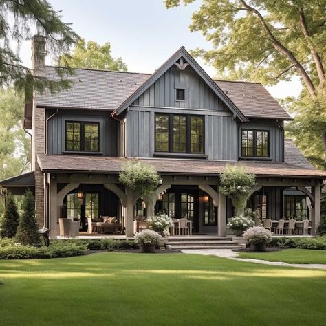 Colored Farmhouse Exterior, Pale Green House Exterior, Country Home Exterior Colors, Sage Green Farmhouse Exterior, Grey Green Exterior House Paint, Pale Oak Exterior House Color, Sage House Exterior, Green Houses Exterior, Brown Trim House Exterior