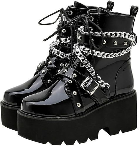 Amazon.com | Parisuit Womens Goth Patent Ankle Boots Platform Chunky High Heel Lace Up Combat Boots Punk Buckle Chain Booties-black size 8.5 | Ankle & Bootie Witchy Shoes, Witchy Boots, Chain Boots, Shoes Gothic, Goth Platforms, Boots Goth, Witch Shoes, Witch Boots, Body Dimensions