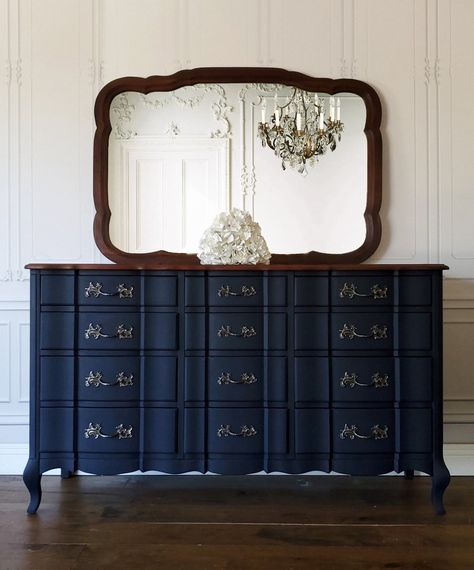 Queen Anne Highboy Dresser Makeover, Navy Bedroom Furniture, Modern Antique Bedroom, Bedroom Buffet, Colored Dressers, Old Dresser Makeover, English Country Decor Living Room, Navy Dresser, French Provincial Dresser Makeover