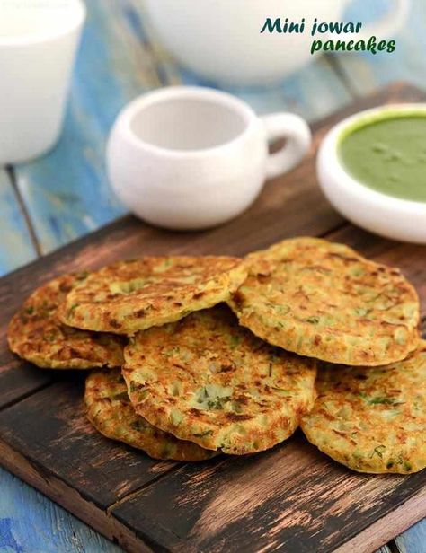 mini jowar pancakes recipe | healthy jowar pancake | sorghum flour pancake| Jowar Recipes, Healthy Indian Snacks, Healthy Pancake Recipes, Pancakes Ingredients, Indian Bread, Green Chutney, Tasty Pancakes, Indian Breakfast, Indian Snack Recipes