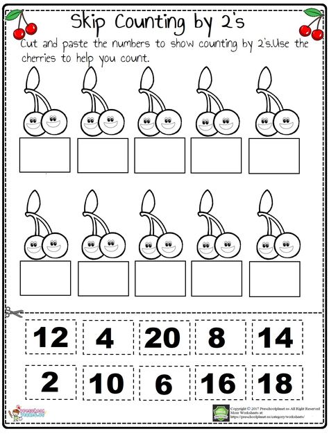 Here is printable counting by 2’s worksheet for kindergarten, preschool, and first graders. Students or kids will practice and improve their counting abilities with this worksheet. This counting by 2’s worksheet is in pdf format and downloadable. Cut and paste the numbers to show counting by 2’s. Use the cherries to help you count. Kindergarten Math Worksheets Counting, Skip Counting Kindergarten, Summer Math Worksheets, Math Counting Worksheets, Skip Counting Worksheets, Counting By 2, Skip Counting By 2, Counting Worksheets For Kindergarten, Counting By 2's