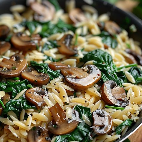 Spinach Mushroom Orzo Spinach Mushroom Orzo Pasta, Spinach Mushroom Recipes Healthy, Orzo Spinach Mushroom, Creamy Spinach And Mushroom Orzo, Pasta And Greens, Pasta And Spinach Recipes Easy Dinners, Orzo Pasta Recipes Vegetarian, Orzo With Spinach And Mushrooms, Spinach Mushroom Orzo Recipes