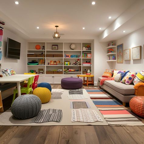 Basement - Size, Functionality, Uses, Furniture And Renovation Sitting Room Playroom, Playroom Colorful, Basement Playroom Ideas, Basement Room Ideas, Fun Basement, Kids Tv Room, Family Basement, Kids Playroom Basement, Family Room Playroom