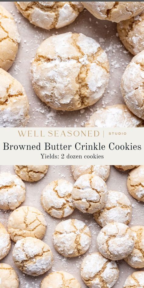 Nutty, Browned Butter Crinkle Cookies have a rich flavor, and a soft, chewy texture. They're coated in powdered sugar before baking, which gives them their signature snowflake-like appearance upon baking. Perfect for a holiday cookie exchange or just because! #wellseasonedstudio #crinklecookie #cookierecipe #brownedbutter Brown Butter Crinkle Cookies, Snickerdoodle Crinkle Cookies, Sourdough Crinkle Cookies, Vanilla Crinkle Cookies Recipe, Brown Butter Christmas Cookies, Vanilla Crinkle Cookies, Dough Desserts, Powdered Sugar Cookies, Food Essentials