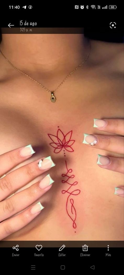 Girly Minimalist Tattoo, Dermal Tattoo Ideas, Cheats Tattoo Woman, Tattoos Inbetween Breast Flower, Cute Small Chest Tattoos For Women, Words On Chest Tattoo Female, Tats On Chest, Stomach Tattoo Black Women, Tattoo Ideas Middle Of Chest Women