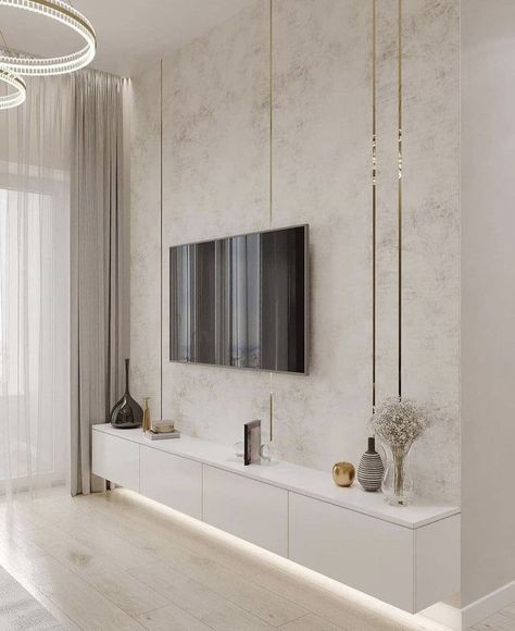 Hall Interior Design Living Luxury, Tv Unit With Mirror Panelling, T.v Table Design, Living Hall Interior, Tv Kastenwanden, Modern Tv Unit Designs, Tv Unit Interior Design, Modern Tv Wall, Wall Tv Unit Design