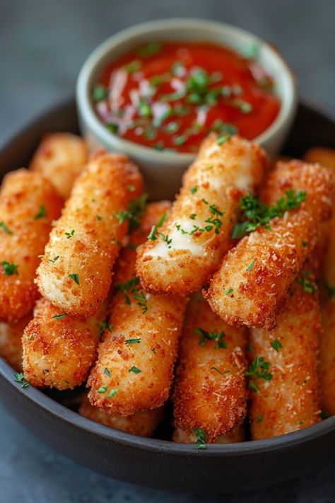 A bowl of golden-brown mozzarella sticks garnished with parsley, served with a side of marinara sauce. Salty Homemade Snacks, Air Fryer For Two, Food Recipes For Dinner Healthy Simple, Finger Food Healthy, Airfryer Snack Recipes, Gluten Free Easy Recipes, Yummy Looking Food, Motzerrela Sticks, Air Fryer Cheese Sticks