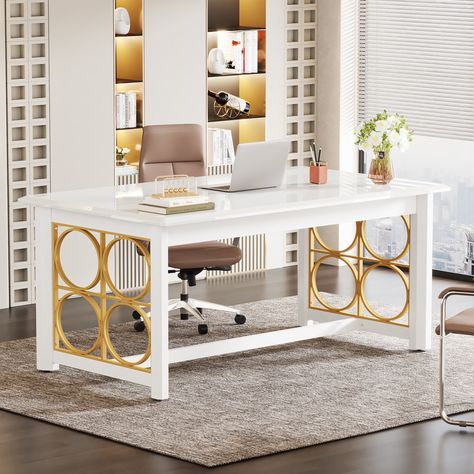 Mercer41 Ranea Modern Executive Desk, Glossy White | Wayfair Adjustable Desk Home Office, Feminine Home Office Classy, Modern White Desk, Large Computer Desk, Modern Executive Desk, Computer Desks For Home, Modern Computer Desk, Executive Office Desk, Modern Office Desk