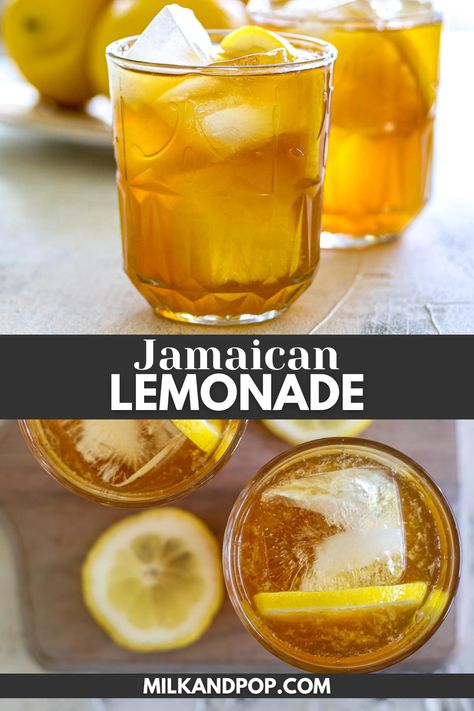 Lemonade in glass with ice and lemons. Country Lemonade Recipe, Lemonade With Agave Syrup, Special Lemonade Recipe, Jamaican Lemonade Recipe, Unique Lemonade Recipes, Jamaican Drinks Non Alcoholic, Specialty Lemonade Recipe, Homemade Refreshers, Lemonade Alcohol Drinks