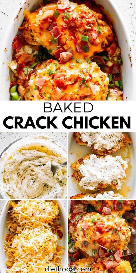 This baked Crack Chicken is an easy recipe prepared with juicy chicken breasts loaded with melty cheese, ranch seasoning, and crispy bacon. Baked Cracked Chicken Recipes, Baked Cracked Chicken Breast, Baked Cracked Chicken, Easy Chicken Bake Recipes, Baked Fried Chicken Breast, Chicken Bacon Ranch Bake, Boneless Skinless Chicken Breast Recipes, Chicken Breast Oven Recipes, Chicken Breast Oven