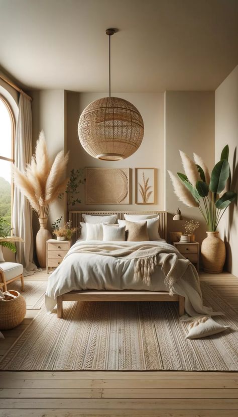 Minimalistic Bohemian Bedroom, Bohemian Room Inspiration, Boho Hat Wall Bedroom, Rustic Style Apartment, 2024 Bedroom Inspiration, Boho Design Home, New Bohemian Style, Bedroom Inspirations With Plants, Rectangular Bedroom Ideas Long