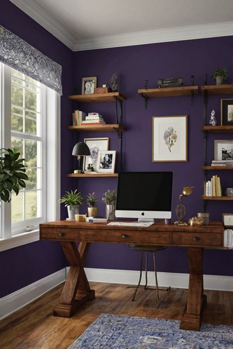 home office design, home office decor, home office furniture, home office organization Purple And Grey Office Ideas, Purple Interior Design Office, Home Decor Ideas Purple, Purple Accent Wall Office, Home Office Purple, Lavender Office Ideas, Purple Home Office Ideas, Dark Purple Office, Light Purple Rooms