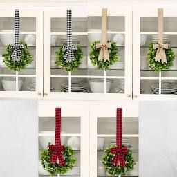 Wreath Hanging From Ribbon, Window With Wreath, Cabinet Wreaths, Christmas Wreaths For Windows, Hanging Wreaths, Outdoor Christmas Wreaths, Window Wreath, Christmas Window Decorations, Decorative Cabinet