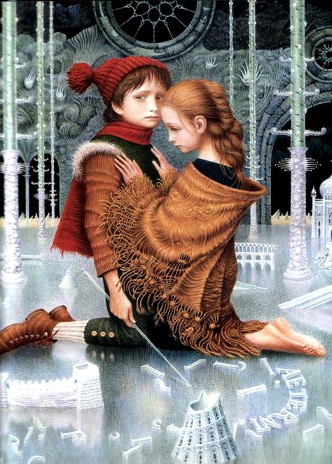 Gerda finds Kai at the Snow Queen's palace. The word "eternity" is written with the pieces of ice. Snow Queen Illustration, Fairy Tale Images, Hans Christian Anderson, The Snow Queen, 동화 삽화, Fairy Tale Illustration, Fairytale Fantasies, Fairytale Illustration, Hans Christian