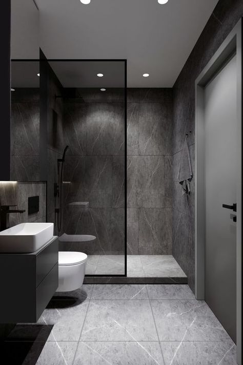 Bathroom Interior Design Luxury Black, Small Grey Bathrooms, Bathroom Interior Design Luxury, Bathroom Wall Tile Design, Grey Bathrooms Designs, Interior Design Bathroom, Modular Bathrooms, Bathroom Design Styles, Bilik Air