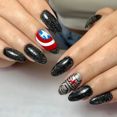 40+ Spooky and Fun Halloween Nail Art Ideas - HubPages Captain America Nail Art, Captain America Nails Designs, Superhero Nail Designs, Bucky Barnes Inspired Nails, Winter Soldier Nail Art, Captain Marvel Nails, Marvel Nails Designs The Avengers, Marvel Themed Nails, Fallout Nails