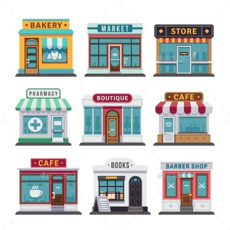 Retail Business Urban Shop Gift Shop Illustration, Barber Shop Illustration, Shop Illustration Store Fronts, Exterior Restaurant, Restaurant Font, Dairy Shop, Store Cartoon, Store Illustration, Store Building