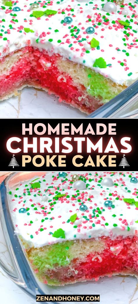 Christmas Poke Cake – Christmas dessert recipe that is a total crowd pleaser – Christmas Jello Poke Cake! Delicious, easy and super pretty holiday cake that is quick and simple to make and tastes absolutely incredible. Christmas Poke Cake, Quick Christmas Dessert, Jello Cake Recipes, Jello Poke Cake, Poke Cake Jello, Christmas Jello, Jello Gelatin, Senior Crafts, Poke Cake Recipe