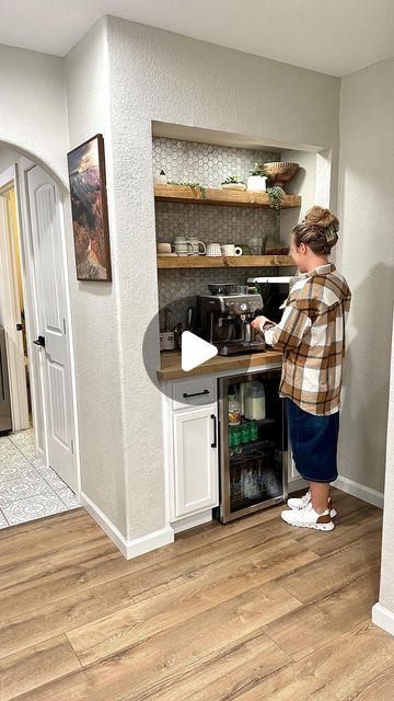 Hannah's Happy Home on Instagram: "Closet -to- Coffee Bar!☕️ We’ve been working at turning this closet in our kitchen into a Coffee Bar / beverage area! We love how this project turned out, if you want to see all the details then don’t miss my latest YouTube video! . . . #coffeebar #kitchenmakeover #houseproject #coffeebardecor #athomecoffee #homerenovation #homereno #homerenovations #kitchendesign #kitchendecor @gevi_household @newairusa @loweshomeimprovement @flooranddecor" Closet Turned Coffee Bar, Kitchen With Coffee Bar Area, Mini Kitchen Bar Ideas, Coffee Bar In Closet Ideas, Nook Coffee Bar, Bar In A Closet Ideas, Wall Coffee Station, Coffee Nook In Pantry, Coffee Station In Pantry