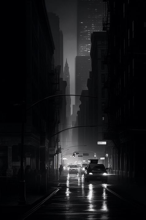 Introducing our stunning, instant-download image capturing the essence of New York City's rainiest streets! This unique artwork transports you to a bygone era, immersing you in a noir atmosphere with a photo-realistic touch. Gaze upon the misty, chiaroscuro-filled scene and let your mind wander through the puddle-laden streets and past the hazy corners of this urban jungle. The dramatic interplay of light and dark expertly captures the true ambiance of NYC under a veil of rain. Dusty piles and shadowy figures blend effortlessly with the misty atmosphere, creating an air of mystery that's sure to leave a lasting impression. Add a touch of timeless elegance and sophistication to your home or office with this striking, noir-inspired piece. Bring the captivating allure of New York City into yo Noir City Art, Urban City Photography, Dark New York, Grunge City, Noir City, Chiaroscuro Lighting, Dark Outside, Rainy Street, Black City