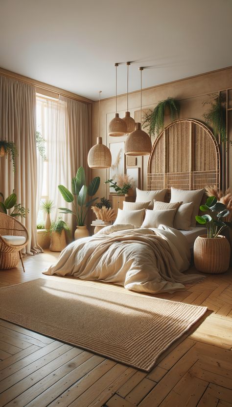 A cozy bedroom with a minimalist bed, plush cream bedding, indoor plants, wicker decor, a rattan headboard, pendant lights, jute rug, wicker chair, and sheer curtains. Serene ambiance with natural textures and earthy tones. Organisation, Cream Tone Bedroom, Rug Headboard Ideas, Biophilic Design Bedroom, Earthy Tone Bedroom, Modern Balinese Interior, Earthy Tones Bedroom, Wicker Bedroom Ideas, Biophilic Bedroom