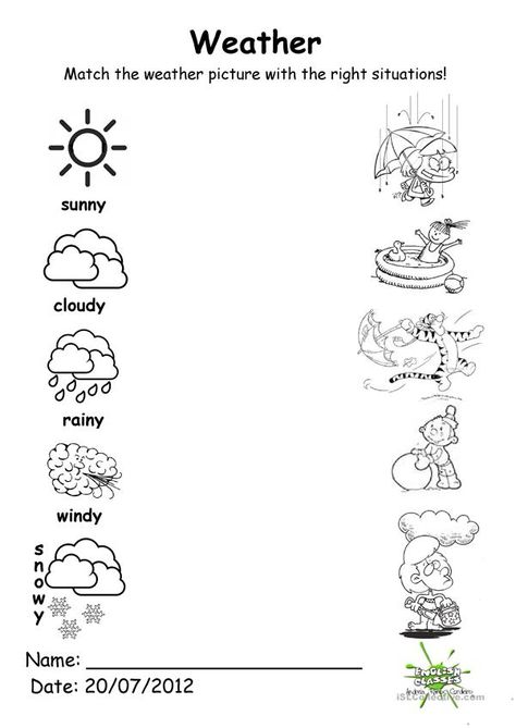 Weather match - English ESL Worksheets for distance learning and physical classrooms Weather Worksheets For Kindergarten, Kindergarten Weather, Weather Kindergarten, Weather For Kids, Weather Activities Preschool, Weather Lessons, Seasons Worksheets, Weather Worksheets, Preschool Weather