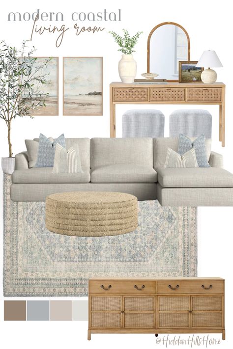 Organic coastal living room decor mood board with blue and tan tones Non Tv Living Room, Farmhouse Living Room Blue Sofa, Cream Beige Blue Living Room, Neutral Beach Apartment, Light Blue Coastal Living Room, Blue Beige Living Room Decor, Coastal Living Rooms Blue Sofa, Transitional Neutral Living Room, Coastal Design Living Room