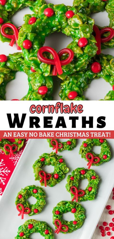 Christmas Wreath Cookies are as fun to make as they are to eat! Turn cornflake cereal into festive treats with this easy recipe and just a handful of ingredients. No need to bake Christmas wreath cookies because they’re made in a large pot on top of the stove. They're the perfect addition to your Christmas cookie tray or box! Christmas Wreath Dessert, Xmas Food Gifts, Food Wreath, Cornflake Wreaths, Christmas Dessert Tray, Cinnamon Candies, Krispie Treats Christmas, Christmas Cookie Tray, No Bake Christmas