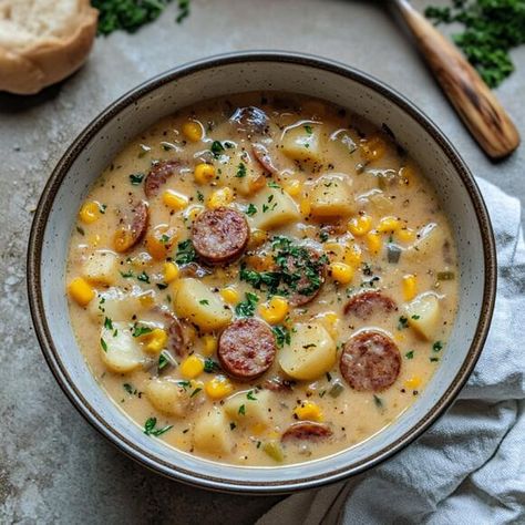 Slow Cooker Sausage & Corn Chowder – A Hearty and Creamy Comfort Dish - NewsBreak Sausage And Corn Chowder, Sausage Corn Chowder Recipe, Sausage Corn Chowder, Sausage Chowder, Farmer Sausage, Slow Cooker Sausage, Chicken Broccoli Pasta, Crockpot Chicken And Dumplings, Crockpot Ideas