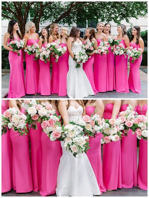 Bright Pink Bridesmaid dresses. Pink and white garden style bridesmaid bouquets. Hot Pink Bridesmaids Dresses Hot Pink, Wedding Color Schemes Hot Pink, Hot Pink And Blush Wedding, Flamingo Pink Bridesmaid Dresses, Hot Pink Western Wedding, Neon Pink Bridesmaid Dresses, Hot Pink Flowers Wedding, Pink Tulle Bridesmaid Dress, Hot Pink Wedding Color Palette