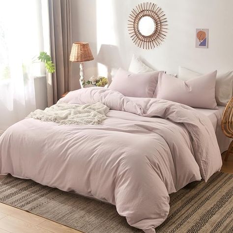 MooMee Bedding Duvet Cover Set 100% Washed Cotton Linen Like Textured Breathable Durable Soft Comfy (Greyish Pink, Twin) Moomee Bedding, Light Pink Comforter, Soft Pink Comforter Set, Dusty Pink Bedding, Comfortable Pink Bedtime Set, Muted Pink Comforter, Pink Bedspread, Pink Bed Sheets, Textured Duvet Cover