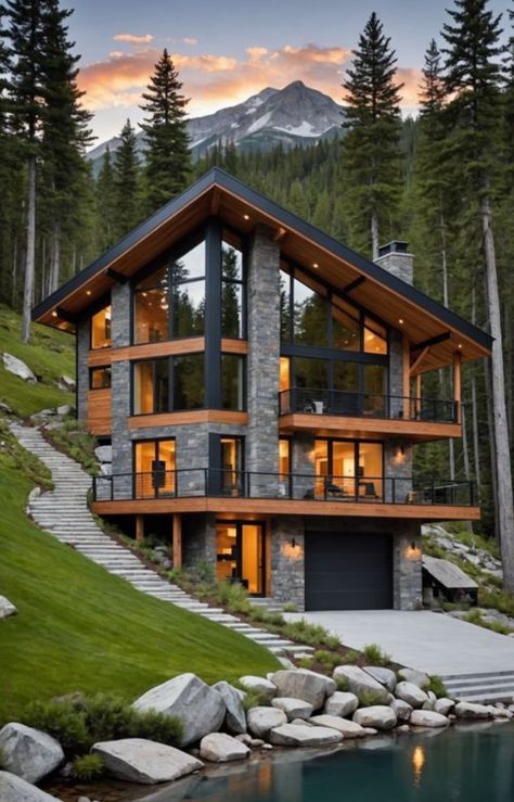 Modern Wooden House Design Exterior, Modern Mountain House Exterior, Wooden House Architecture, House On Mountain, Architecture Mountain, Beautiful House Images, Modern Mountain House Plans, Alpine Home, Mountain Dream Homes