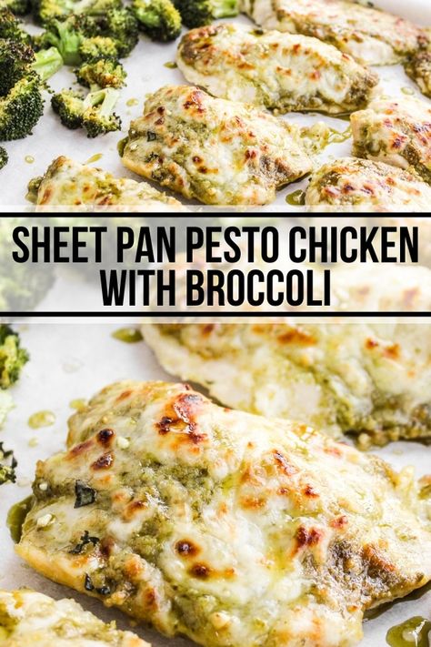 This easy sheet pan pesto chicken meal comes together quickly with chicken breasts, broccoli, pesto, and melty mozzarella. This is a family favorite dinner even the kids will love! Chicken Breast Pesto Recipes, Family Dinner Meal Prep, 1 Pan Meals, Sheet Pan Pesto Chicken, Sheet Pan Chicken Recipe, Pesto And Mozzarella, Easy Sheet Pan Chicken, Gf Cooking, College Meal