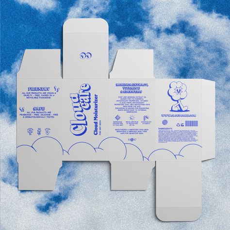 Cloud Care ☁︎ A passion project for a skincare brand Cloud Care focused on creating vegan & cruelty free products that feel like fresh, soft clouds on your skin. Brand Identity design, Packaging design, Logo design. Cloud Packaging Design, Back Of Packaging Design, Soft Design Graphic, Cloud Logo Aesthetic, Skin Care Product Design, Clouds Graphic Design, Box Product Design, Cloud Packaging, Cloud Branding