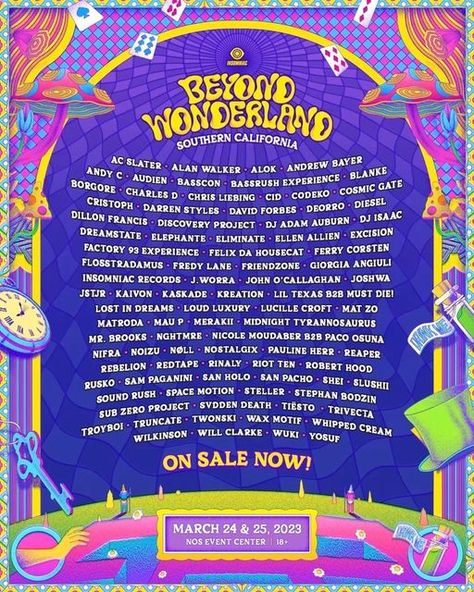 Beyond Wonderland on Instagram: "Your entry to #Beyond2023 is On Sale NOW for a deposit of $9.99!🚪✨→ insom.co/beyond 🗝 There’s no denying the mind-bending moments that await on March 24+25.🌀🕰" Live Music Poster, Bending Moment, Beyond Wonderland, 2023 Outfits, Logo Sketches, Bottle Design Packaging, Graphic Design Infographic, New Scientist, Event Poster Design