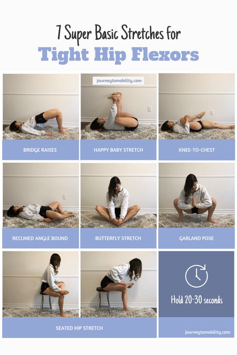 Many people experience lower back pain because of tight hip flexors. Here are 7 easy hip stretches for pain and hip strengthening exercises that you can do in under 10 minutes to improve your hip mobility! Go to www.journeytomobility.com for free printable stretch routines and more flexibility exercises for beginners. #hipstretches #hipstretchesforpain #stretchingforlowerbackpain #stretchingexercises Hip Strengthening Exercises, Hip Flexor Exercises, Hip Flexibility, Hip Flexor Stretch, Tight Hip Flexors, Stretches For Flexibility, Flexibility Training, Hip Flexors, Hip Stretches