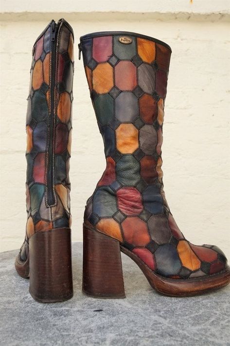 Patchwork Boots, Leather Platform Boots, Mode Hippie, Dr Shoes, 70s Inspired Fashion, Estilo Hippie, Funky Shoes, Shoe Inspo, My Shoes