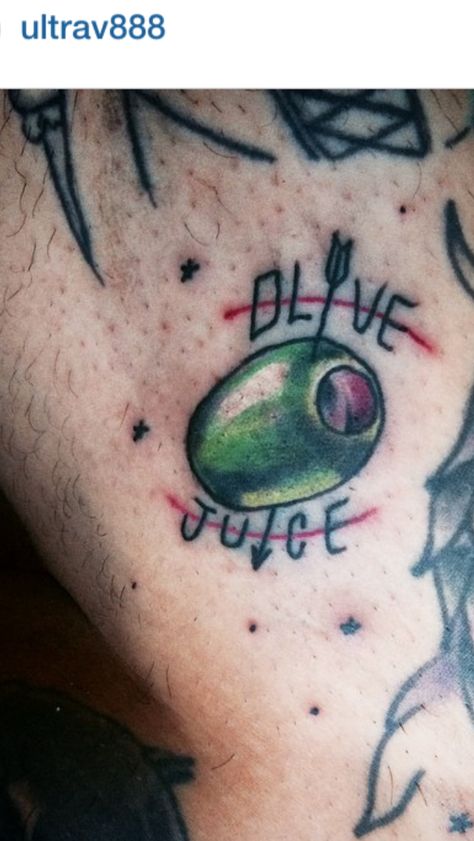 Olive juice Olive Juice Tattoo, Pooh Tattoo, Olive Tattoo, Juice Tattoo, Baby Olive, Food Tattoos, Olive Juice, Patchwork Sleeve, Tattoo Meaning