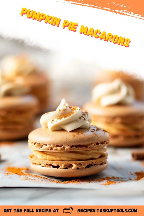 Discover the delightful fusion of fall flavors with our Pumpkin Pie Macarons recipe. These delicate, crispy shells are filled with a luscious spiced pumpkin buttercream that perfectly captures the essence of autumn. Ideal for festive gatherings or simply indulging your seasonal cravings, these macarons offer a sophisticated twist on a classic dessert favorite. Learn the step-by-step process to create these elegant sweets at home, impressing your friends and family with your baking finesse. Save this pin for a touch of gourmet inspiration in your Pumpkin Pie Buttercream, Pumpkin Pie Macarons, Thanksgiving Macaron Flavors, Fall Macarons Recipe, Pecan Pie Macarons, Fall Macrons, Fall Macaron Flavors, Macarons Thanksgiving, Thanksgiving Macarons