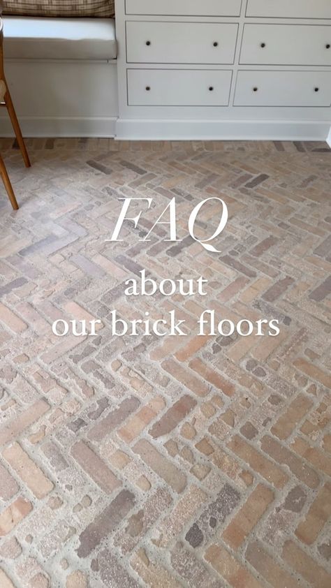 Caitlin Swann | i received a lot of comments and messages when i shared the brick floors we had installed in our dining room earlier this year! many of you... | Instagram Brick Interior Flooring, Brick And Wood Flooring, Mixed Wood Floors Transition, Cobblestone Kitchen Floor, Brick Floor Interior, Brick Floors Kitchen, Tile That Looks Like Brick Floor, Brick Flooring Mudroom, Brick Entryway Floor