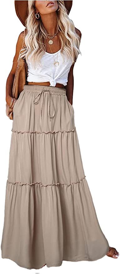 EARKOHA Womens Casual High Waist Tiered Paisley Print Long Maxi Skirt with Pockets Maxi Skirt With Pockets, Printed Long Skirt, Long Maxi Skirt, T Shirt Crop Top, Maxi Skirt Boho, Long Skirts For Women, Beach Skirt, Floral Maxi Skirt, Long Maxi Skirts