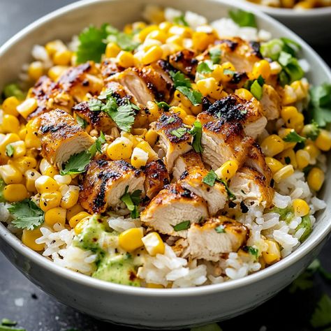 Street Corn Chicken Rice Bowl Street Corn Chicken, Chicken Rice Bowl, Grilled Sweet Potatoes, Corn Chicken, Chicken Rice Bowls, Rice Bowls Recipes, Mexican Street Corn, Chicken Bowl, Street Corn