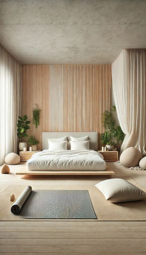 Transform your bedroom into a peaceful retreat with these 21 meditation-inspired decorating ideas. Find your inner zen at home!
---
A serene and minimalist bedroom designed for meditation. The room features a low-profile platform bed with crisp white linens, surrounded by natural wooden elements. Soft, sheer curtains allow diffused light to filter in. A simple yoga mat is laid out on the floor, accompanied by a few large, plush floor cushions in earthy tones. There are plants strategically placed to bring in nature, and a small altar or meditation table with candles and crystals. The color palette is calming with soft whites, beiges, and touches of green. White Zen Bedroom, Green White Beige Bedroom, Meditation Bedroom Ideas, Small Yoga Room, Small Meditation Room, Meditation Bedroom, Cozy Minimalist Bedroom, Yoga Bedroom, Spa Bedroom